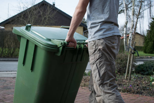 Pulling a green wheeled bin across a driveway on a cold, bare-tree day.